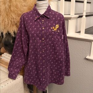 Vintage Looney Tunes Tweety Bird Floral Corduroy Button-Up Shirt Size 14W-16W